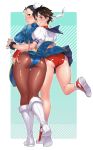 2girls ass ass_grab black_hair blush boots brown_eyes brown_legwear bun_cover buruma capcom china_dress chinese_clothes chun-li dress eyeliner grin hair_bun hand_on_ass headband hips looking_back makeup multiple_girls namboku nanboku panties pantyhose pantyshot pelvic_curtain sakura_kasugano school_uniform serafuku shiny shoes short_hair skirt smile sneakers standing_on_one_leg street_fighter underwear upskirt wide_hips yellow_eyes yuri