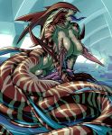 abs barbed_penis barbs big_breasts breasts brown_eyes erect_nipples fang fangs fins futanari highres lamia large_breasts long_nipples long_tongue mermaid mikoyan mikoyan_(artist) monster monster_girl muscle naga nipples original original_character penis prehensile_penis spiked_penis stick_nipples striped stripes tail tongue tongue_out yellow_eyes