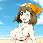 beach big_breasts bikini bra breasts brown_hair cleavage erect_nipples gouguru haruka_(pokemon) lapras large_breasts may ocean pokemon smile solo swimsuit wink