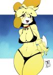 1girl 1girl 2019 animal_crossing anthro bikini black_nose blonde_hair blush blush_stickers breasts canid canine canis clothing digital_media_(artwork) dipstick_tail domestic_dog furry hair isabelle_(animal_crossing) mammal multicolored_tail navel nintendo nipple_outline open_mouth open_smile shih_tzu signature smile swimwear toy_dog video_games zwitterkitsune