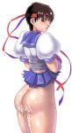 1girl ass bottomless brown_eyes brown_hair capcom cum cum_on_ass cum_on_body cum_on_lower_body fingerless_gloves gloves headband highres huge_ass kasugano_sakura no_panties sakura_kasugano school_uniform serafuku short_hair siranui skirt skirt_lift solo street_fighter streetfighter uniform