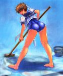 ass back barefoot brown_hair capcom cleaning headband inomoto_hiro kasugano_sakura looking_back mop no_pants one-piece_swimsuit school_swimsuit school_uniform serafuku short_hair street_fighter swimsuit swimsuit_under_clothes