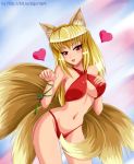 1girl animal_ears big_breasts bikini blonde_hair blush breasts cat_pose criss-cross_halter erect_nipples female_only fox_girl hair heart multiple_tails open_mouth red_eyes sigurd_hosenfeld sigurdhosenfeld swimsuit tail youvixia