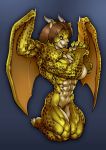 abs animal_ears brown_eyes brown_hair claws covering_breasts furry horns kneeling muscle muscular muscular_female naughty_face nude original pokkuti wings xilimyth