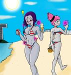 ! 2_girls 2girls 4th_of_july american_flag_bikini ass beach bikini blush breasts cleavage dc_comics embarrassing female_only funny grey_skin hair ice_cream jinx looking_back looking_down multiple_girls ocean pale_skin pink_eyes pink_hair prank print_bikini purple_eyes purple_hair raven_(dc) short_hair side-tie_bikini sky slashysmiley smile soda sun surprise teen_titans usa wardrobe_malfunction