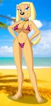 beach bikini blonde_hair blue_eyes brandy_and_mr._whiskers brandy_harrington breasts cleavage disney dog dog_collar furry polka_dot polka_dot_bikini smile solo string_bikini