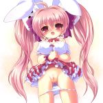 1girl animal_ears blush breasts bunny_ears di_gi_charat frills long_hair looking_at_viewer miokuri panties panty_pull pink_eyes pink_hair pubic_hair pussy skirt skirt_lift solo twin_tails twintails uncensored underwear usada_hikaru