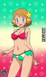  1_girl 1girl alluring bikini blue_eyes bra cleavage female female_human female_only flower green_panties hair_flower high_res human kageta lake_art looking_at_viewer mostly_nude panties pokemon pokemon_xy red_bra serena serena_(pokemon) solo underwear zage_inc 