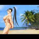 adorable beach black_hair breasts brown_eyes capcom cloud clouds cute ibuki innocent long_hair looking_at_viewer muscle muscular muscular_female nipples nude ocean palm_tree ponytail sand sky smile street_fighter street_fighter_iii tree