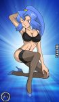  1_girl 1girl alluring blue_hair bra clair clair_(pokemon) female female_abs female_human female_only high_heels human ibuki_(pokemon) kageta lingerie long_hair mostly_nude one_eye_closed panties pokemon solo stockings zage_inc 