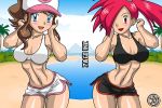  2_girls 2girls alluring asuna_(pokemon) beach bikini brown_hair duo female female_abs female_human flannery flannery_(pokemon) hat hilda hilda_(pokemon) human kageta looking_at_viewer outdoor outside pokemon red_hair touko touko_(pokemon) 