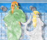  ass big_breasts blonde_hair blush breasts brown_eyes freakz furry green_eyes green_skin hairless_pussy long_hair looking_back marauder6272 muscle nipples nude orange_hair pointy_ears pussy scalie sharkbabe_(sharkragon) sharkragon_(artist) shiny shiny_skin shower shrapnel shrapnel_(character) smile wet 