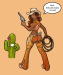 blush bottomless brown_hair chaps cowgirl embarrassing gun hat lipstick long_hair looking_back no_panties no_pants red_lipstick rope smile surprise weapon