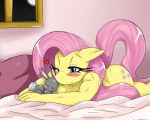 bed blue_eyes blush cuddle cute equine female fluttershy friendship_is_magic hair hasbro hooves horse lagomorph lying my_little_pony pegasus pink_hair pony rabbit sssonic2 wings