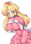 1girl bangs big_breasts blonde_hair blue_eyes blush breast_squeeze breast_suppress breasts clothed_navel collar covered_navel crown dress dutch_angle elbow_gloves erect_nipples gem gloves gown impossible_clothes impossible_dress interlocked_fingers large_breasts long_hair looking_at_viewer nagase_haruhito navel nintendo no_bra parted_lips pink_dress princess princess_peach puffy_nipples puffy_short_sleeves puffy_sleeves shadow short_sleeves simple_background sitting skin_tight solo super_mario_bros. very_long_hair wariza white_background white_gloves