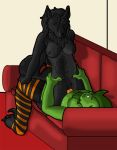 breasts cowgirl_position dinosaur female furry hetero larathen larathen_(character) leg_warmer male original original_character penis pussy raptor scalie sex sofa