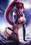 1girl 1girl axsens bent_knees big_breasts black_gloves black_handwear blush bra breasts cleavage elbow_gloves exposed_breasts garter_belt gloves golden_eyes high_ponytail high_resolution kneel lingerie long_hair midriff nipples ponytail red_hair stockings strap tengen_toppa_gurren-lagann tied_hair underwear very_high_resolution yoko_littner