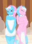 2_girls aloe aloe_(mlp) blue_eyes blue_hair breasts cleavage collar equine female female_only friendship_is_magic hair hasbro horse lotus lotus_(mlp) my_little_pony naked_towel pink_hair pony sauna siblings towel twins whitmaverick