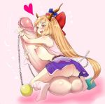 ass bad_id bare_shoulders blonde_hair blush bow breasts chain chains cuffs from_behind futanari hair hair_bow hair_ribbon handcuffs heart horns huge_penis huge_testicles ibuki_suika intersex long_hair mugen_no_kanata mugen_no_kanata_(artist) open_mouth orange_hair penis ponytail precum ribbon saliva smile solo suika_ibuki tank_top testicle testicles touhou uncensored wristband yellow_eyes