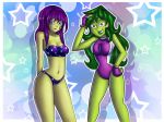 bikini blue_eyes breasts cleavage gloves green_eyes green_hair green_skin innocenttazlet jennifer_walters lipstick long_hair marvel mole print_bikini purple_hair she-hulk shiny shiny_skin skull skull_print smile zombie