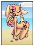 beach bikini blonde_hair blue_eyes brandy_and_mr._whiskers brandy_harrington breasts cleavage disney dog furry innocenttazlet licking ocean print_bikini solo tongue