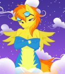  bodysuit breasts cleavage clouds equine female female_only friendship_is_magic goggles hasbro horse my_little_pony pony shy skinsuit spitfire standing undressing uniform whitmaverick wonderbolts wonderbolts_(mlp) 