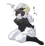 black_fur blush breasts caprine cum cum_on_body cum_on_breasts cum_on_face cum_on_upper_body cumshot extra_breasts facial fur furry horns kneeling multi_breast multiple_breasts nipples sheep solo white_background white_fur yojigen yojigen_(artist)