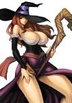 1girl breasts cleavage commentary_request dragon's_crown dress elbow_gloves gloves hat huge_breasts joy_ride legs lips long_hair no_panties red_hair side_slit solo sorceress_(dragon's_crown) staff strapless strapless_dress thighs witch_hat