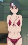 1girl absurd_res alluring artist_name bare_shoulders black_eyes black_hair boruto:_naruto_next_generations boruto:_naruto_the_movie bra breasts cameltoe collarbone dress forehead_protector glasses gluteal_fold headband high_res hot immortalking_art indoors matching_hair/eyes medium_breasts naruto naruto_(series) naruto_shippuuden navel panties red-framed_eyewear red_bra red_panties sarada_uchiha twitter_logo underwear