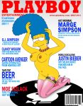 armpit barcode blue_hair breasts cartoon_avenger magazine_cover marge_simpson pearls playboy playboy_logo shaved_pussy the_simpsons thigh_high_boots yellow_skin