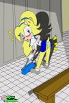 bent_over blonde_hair blue_eyes blush embarrassing female furry gloves green_panties hairband locker_room looking_back panties ponytail school_girl schoolgirl sega solo sonic_(series) sonic_fancharacter sonic_oc super-kyo surprise underwear upskirt