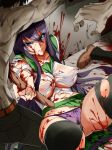 1girl bad_id black_legwear blood blood_on_face bloody_clothes breasts busujima_saeko fighting highschool_of_the_dead inu_(marukome) large_breasts long_hair marukome01 no_bra panties pubic_hair purple_eyes purple_hair purple_panties school_uniform see-through skirt string_panties sword thighhighs thighs torn_clothes torn_thighhighs underwear weapon wet wet_clothes zombie