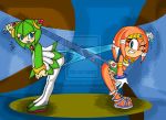 alien aqua_panties archangemon blue_eyes blue_panties bracelet cosmo_the_seedrian furry gloves green_hair hairband looking_back necklace orange_hair sega short_hair sonic_*(series) sonic_the_hedgehog_(series) surprise tikal_the_echidna wedgie