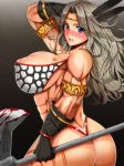 1girl abs amazon_(dragon's_crown) areola_slip areolae ass axe bad_id bare_shoulders blonde_hair blood blush breasts dragon's_crown dragon's_crown feathers gloves huge_breasts inu_(marukome) jewelry long_hair lots_of_jewelry marukome01 muscle muscles polearm solo weapon