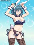  1girl alluring alternate_costume animal_ears ass_visible_through_thighs blue_background blue_eyes blue_theme blush bowtie breasts bubble_background bunny_ears bunny_girl bunny_tail byleth_(fire_emblem)_(female) female_only fire_emblem fire_emblem:_three_houses garter_belt leggings lipstick looking_at_viewer mostly_nude nintendo nipple_bulge panties patdarux patdarux_dream revealing_clothes teal_hair thighhighsv 