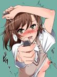  /\/\/\ 1girl bad_id blush breasts brown_eyes brown_hair coin commentary_request drooling green_background inu_(marukome) marukome01 misaka_mikoto nipples pointer saliva school_uniform short_hair solo sweat sweater_vest tears to_aru_kagaku_no_railgun to_aru_majutsu_no_index 