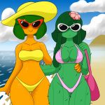 2_girls after_sex beach big_ass big_breasts bikini bikini_top breasts cactus female/female flower_in_hair green_hair hand_on_hip hat lovers nipples niyarts purse pussy smile sona_(niyarts) summer sunglasses young younger_female yuri