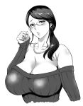 1girl bare_shoulders blush breasts cleavage earrings glasses huge_breasts long_hair looking_at_viewer milf monochrome musashino_sekai necklace parted_lips sleeves_past_wrists sweater_dress