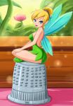  1girl blonde blonde_hair blue_eyes blush breasts cleavage disney dress fairy fairy_wings female_only flower green_skirt high_res highres indian_style lips lipstick makeup minigirl open-back_dress peter_pan pointy_ears short_dress short_hair sideboob sigurd_hosenfeld sigurdhosenfeld sitting skirt smile solo thimble tinker_bell wings 