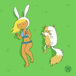 adventure_time animal_ears bikini blonde_hair breasts cake_the_cat cat cleavage closed_eyes fionna_the_human_girl furry long_hair smile tan