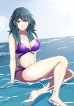 1girl alluring alternate_costume bare_legs big_breasts bikini blue_eyes byleth_(fire_emblem) byleth_(fire_emblem)_(female) feet fire_emblem fire_emblem:_three_houses gzo1206 looking_at_viewer nintendo ocean purple_bikini purple_swimsuit shallow_water solo_female sukkirito_(rangusan) swimsuit teal_hair