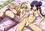  2_girls absurd_res ass big_breasts blonde_hair blue_hair blush bra breasts freezing_(series) glasses hair hairband high_res legs lingerie long_hair long_legs multiple_girls navel official_art panties purple_bra purple_thong rana_linchen satellizer_el_bridget side_ponytail stockings thighs thong top-down_bottom-up white_bra white_panties 