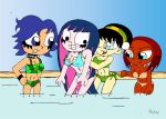 aqua_eyes avatar:_the_last_airbender bikini black_eyes black_hair blonde_hair breast_grab breasts cleavage crossover embarrassing hairband hi_hi_puffy_amiyumi long_hair looking_back maxine multicolored_hair panty_&_stocking_with_garterbelt pool prank print_bikini purple_hair rayryan_(artist) red_hair short_hair side-tie_bikini smile stocking_(psg) surprise toph_bei_fong undressing water yumi_yoshimura