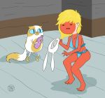 adventure_time bikini blonde_hair blue_eyes cake_the_cat cat fionna_the_human furry long_hair sad tan