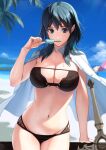 1girl 1girl alluring alternate_costume beach big_breasts bikini black_bikini blue_eyes blue_hair breasts byleth_(fire_emblem)_(female) cape cleavage curvy fire_emblem fire_emblem:_three_houses looking_at_viewer mueririko nintendo open_clothes open_shirt pale-skinned_female pale_skin popsicle shirt