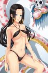  1girl bikini black_hair blue_eyes boa_hancock breasts earrings jewelry lips long_hair navel one_piece salome_(one_piece) skull snake solo solo_focus swimsuit underboob vanilla_(3304521) 