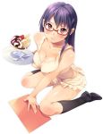 1girl apron bare_shoulders black_legwear blush breasts brown_eyes cleavage collarbone food footwear fruit glasses ice_cream kneehighs long_hair looking_at_viewer matsumoto_maya naked_apron no_bra oryou purple_hair red-framed_glasses semi-rimless_glasses shoes simple_background sitting socks solo strawberry sundae sweat tray under-rim_glasses wariza white_background working!!