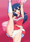 1girl bare_arms blue_eyes blue_hair blush cheerleader cheerleader_outfit cheerleader_uniform chro_(rulurullu) clothed dawn dawn_(pokemon) female female_human female_only hikari_(pokemon) human long_blue_hair long_hair looking_at_viewer panties pokemon pom_poms raised_leg rulurullu skirt sleeveless socks solo standing upskirt