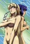  2_girls absurd_res andou_masahiro areola back-to-back big_breasts blonde_hair blue_hair blush breasts cleavage covering covering_breasts freezing_(series) glasses green_eyes hair hairband high_res long_hair looking_back megami mound_of_venus mouth_hold multiple_girls navel nude official_art rana_linchen satellizer_el_bridget sideboob 