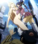 2_girls ass big_breasts blonde_hair blue_hair breasts cfnf clothed_on_nude female fingering freezing_(series) groping hair legs long_hair multiple_girls navel nude pantyshot rana_linchen satellizer_el_bridget very_long_hair yuri